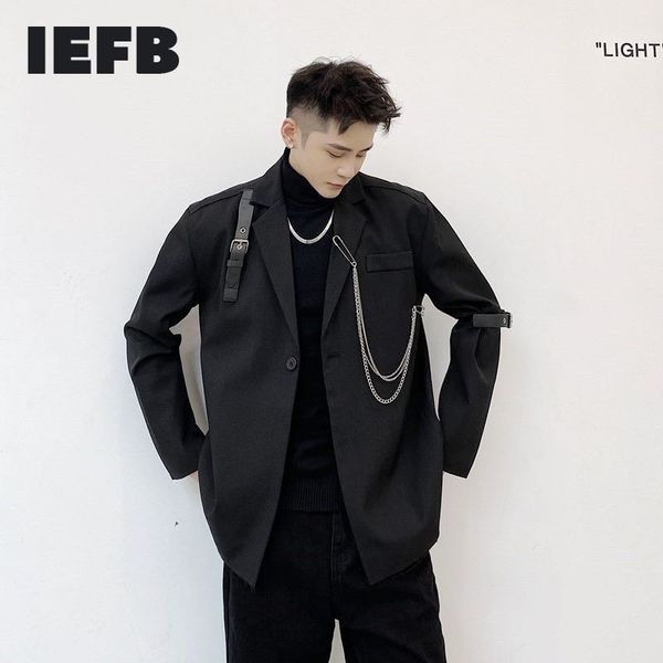 IEFB İngiliz Tarzı Siyah Blazers Erkekler için Zincir Ham Kenar Tasarım erkek Tek Düğme Suit Ceket Streetwear Moda Güz 9Y4394 210524