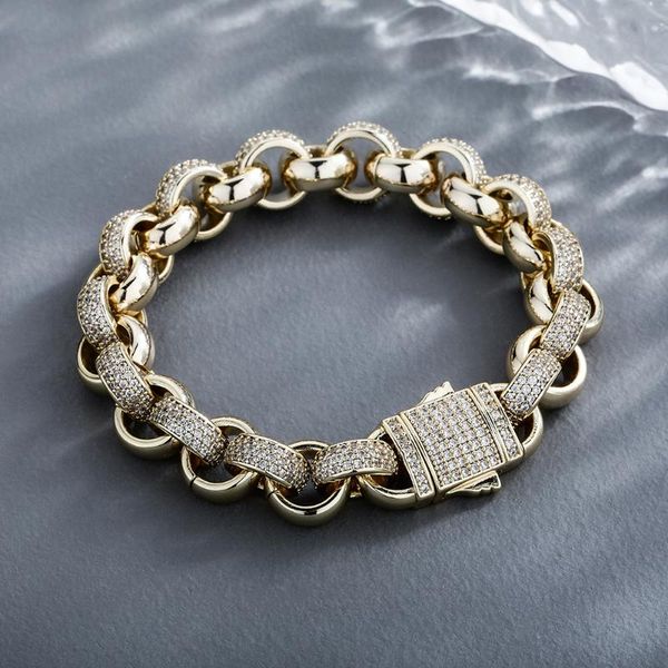 

link, chain iced cz bracelet in white gold(12mm) with spring ring clasps hip hop party punk fashion jewelry accessories for men women, Black