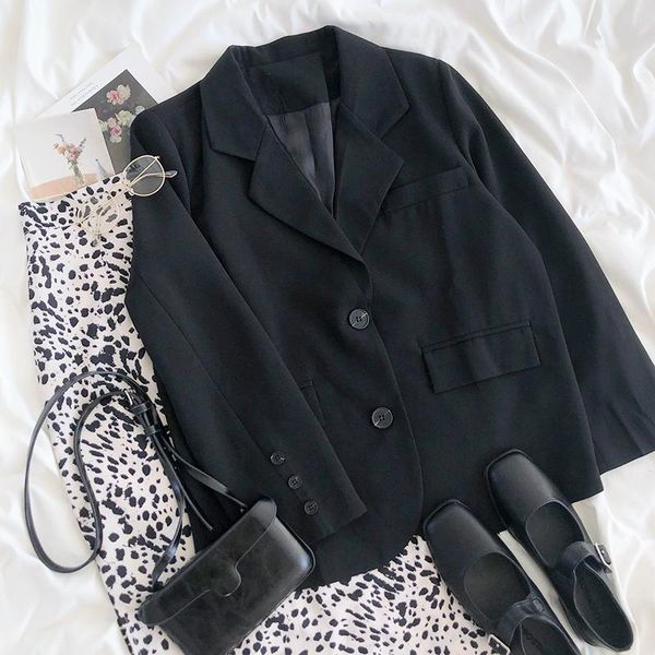 

yeeloca spring office lady black suit coat female casual notched two button loose british style temperament women's suits & blazers, White;black