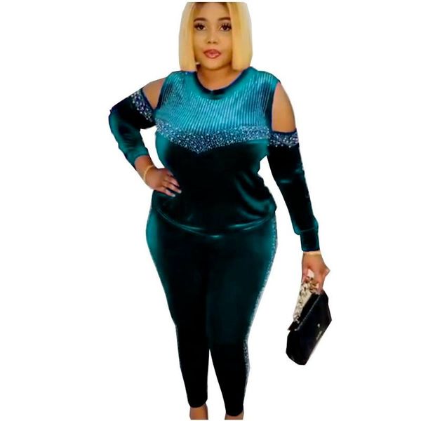 

ethnic clothing spring autumn velvet two piece sets women long sleeve and pants matching fashion drilling tracksuit, Red