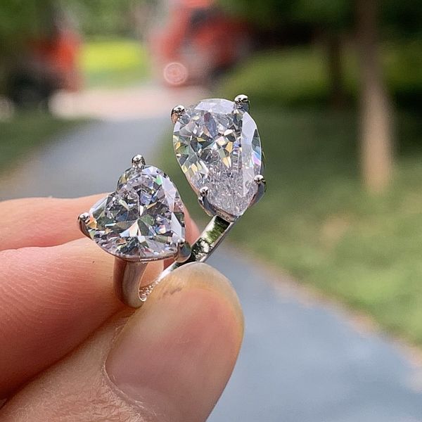 Moda simples anel de casamento cintilante jóias de luxo 925 esterlina gota de água de prata branco topázio cz diamante aberto mulheres ajustável faixa de noivado anéis presente