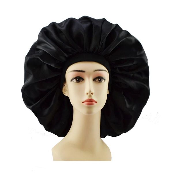 

shower caps women big size beauty print satin silky bonnet sleep night cap head cover hat for curly springy hair black
