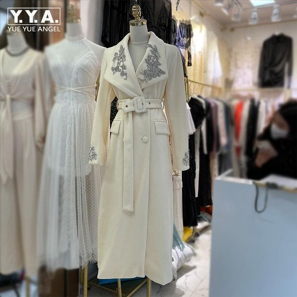 

women's wool & blends white woolen coat women autumn winter lapel double-breasted sashes beading pocket long elegant jacket office lady, Black