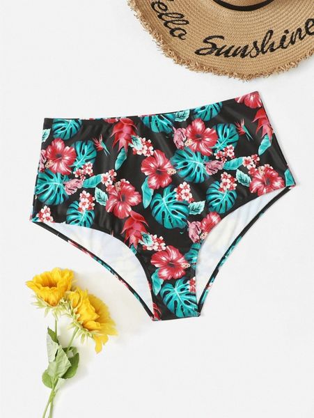 

plus tropical print high waisted bikini bottom i9mg#, Black