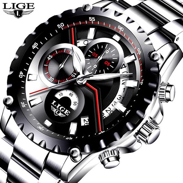 

wristwatches lige watch men fashion sport quartz clock mens watches full steel business waterproof relogio masculino, Slivery;brown