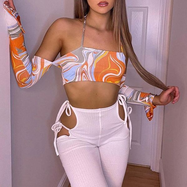 

women's t-shirt tie dye printed women crops summer casual halterneck shirts off-shoulder off-waist fashion femme zaraing, White