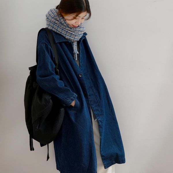 

women's trench coats oman factory store long thin denim 2021 spring and autumn washed cotton loose windbreaker coat, Tan;black