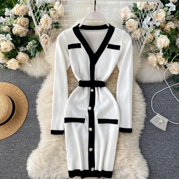 

casual dresses women's autumn winter knitting sweater dress 2021 slim waist v-neck mini short pullover, Black;gray