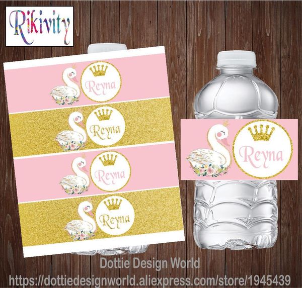 20Pcs Gold Glitter Pink Swan Baby Shower Bottiglia d'acqua Etichette per vino Impermeabile Candy Bar Wrapper Sticker Decorazione per feste di compleanno 210408