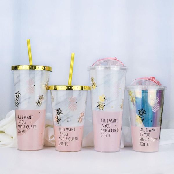 

gold plating pineapple mugs plastic double layer water bottle with straw pink travel portable juice coffee milk cup drinkware