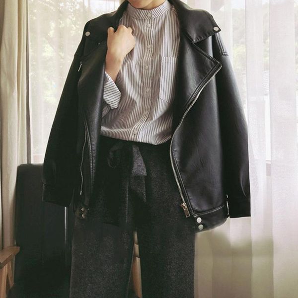 

women's leather & faux autumn women pu motorcycle jacket female with belt solid color korean oversized jackets ladys loose casual 2021, Black