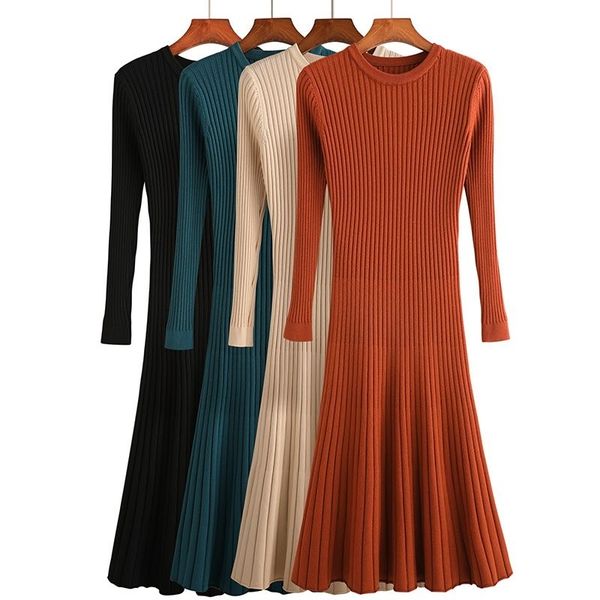 

spring solid bottom sweater women sleeve o neck thick slim knitted female a-line medium and long dress 210416, Black;gray
