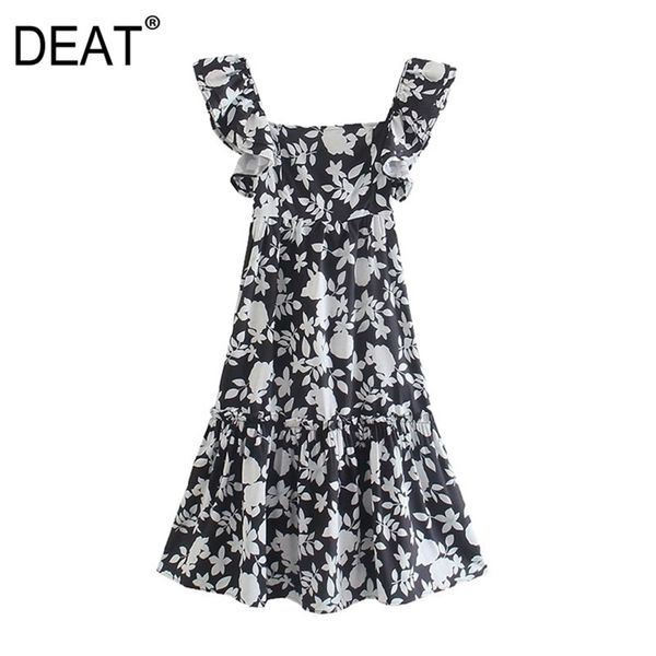 

[deat] summer fashion square collar high waist sling knee-length printing sleeveless elegant dress women 13c995 210527, Black;gray