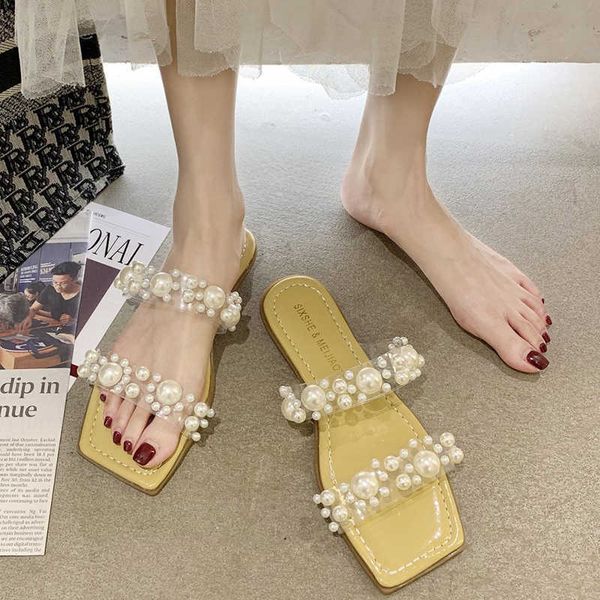 

rimocy fashion pearl clear pvc slippers women summer square toe soft bottom beach flip flops woman candy colors flats slides 210528, Black