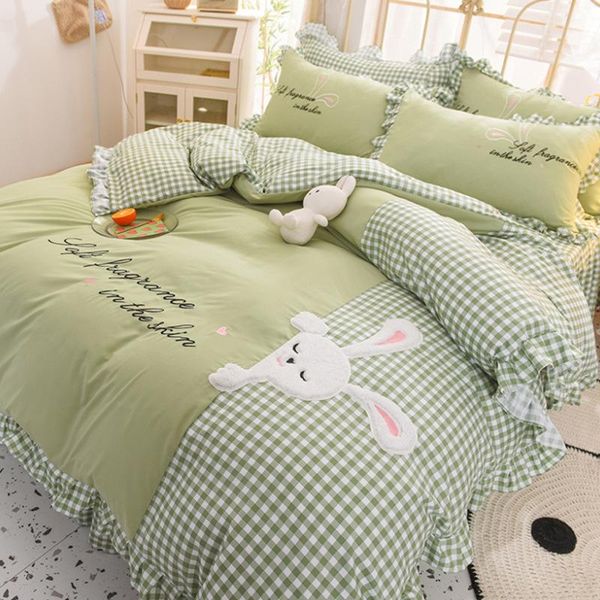 

bedding sets korean style cotton blend cartoon pattern ruffle bed skirt duvet cover pillowcase four pieces set l5