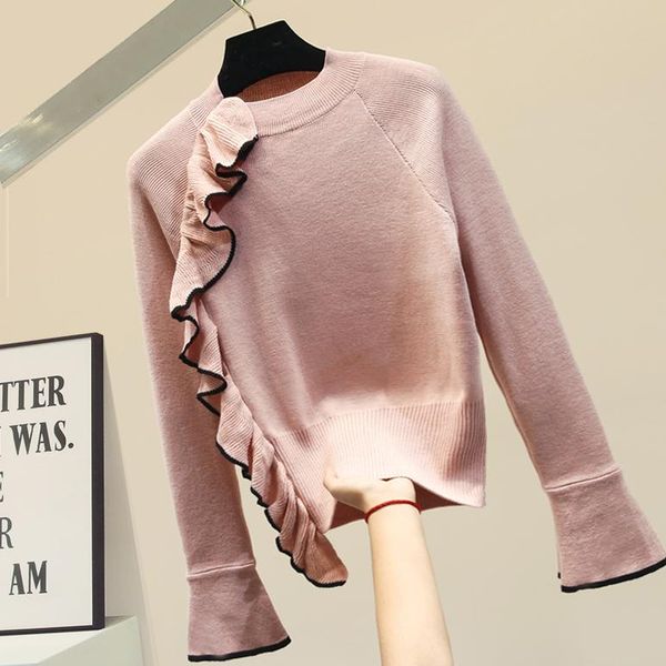

women's sweaters frilled sweater ruffles women pink white black ladies basic knitted shirt jumper femme mujer 2021 spring fall
