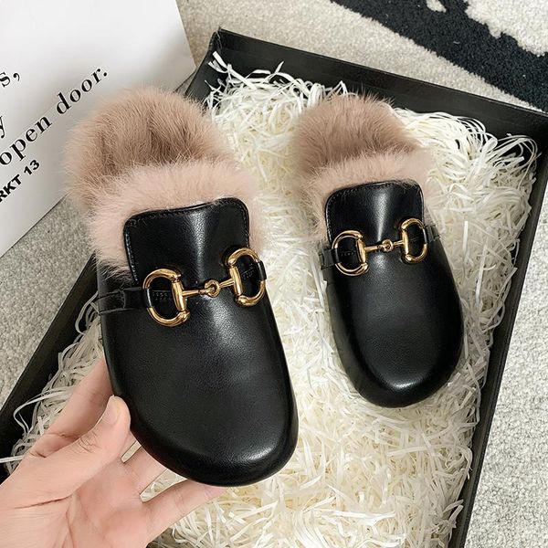 

slippers autumn winter fashion thick-soled cork baotou women's warm fur shoes ladies metal clasp trim comfor plush half, Black