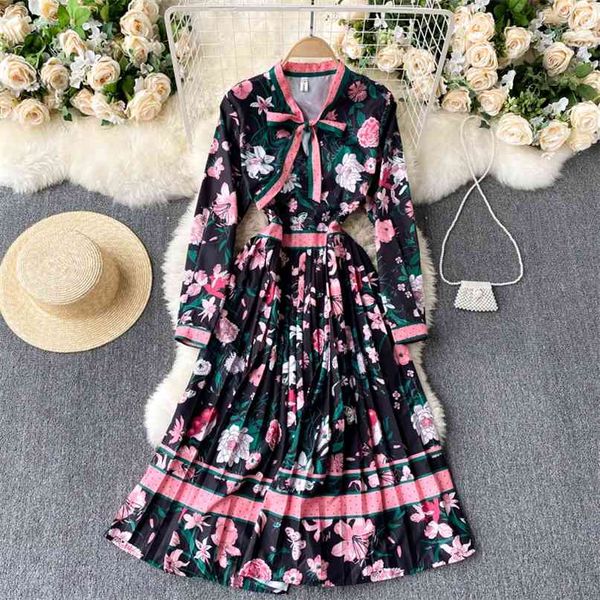 

women fashion chic retro print dress round neck bow loose slim pleated holiday long sleeve elegant clothes vestidos r888 210527, Black;gray