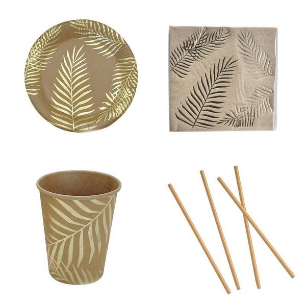 

packaging dinner service disposable paper party supplies cutlery set decorative printing trays for parties golden colored palm leaf pattern
