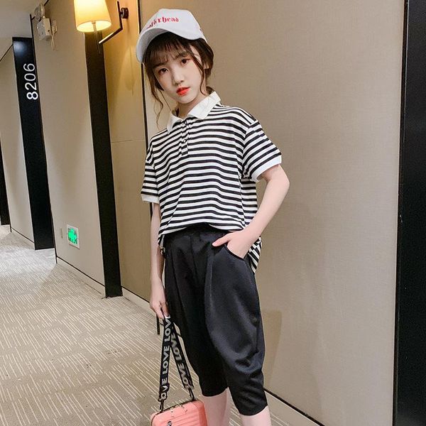 

summer baby kids girls clothes children set outfits fashion stripe t-shirt and black pants 2 pcs clothing suits sets, White