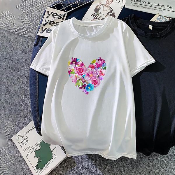 

women's t-shirt pink heart flower print t-shirts loose oversized summer o-neck aesthetic short sleeve camisetas de mujer, White