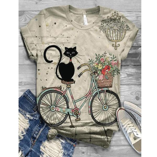 

womens shirt vintage shirts women plus size short sleeve 3d cat printed o neck blouse, White