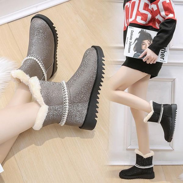 

boots solid color keep warm snow women fashion round toe ankle beads decoration flat zapatillas mujer 2021 winter, Black