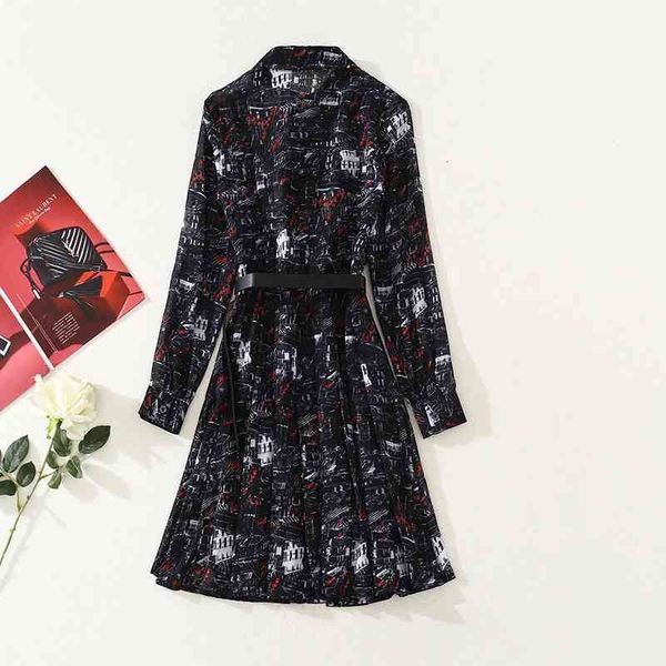 

european and american early autumn high-quality single-breasted printed pleated long-sleeved temperament, Black;gray