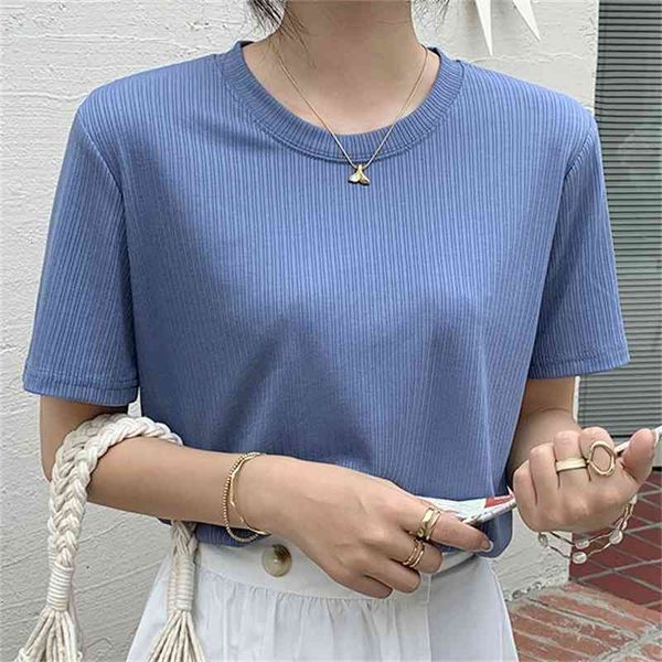 

women's t-shirt new minimalist knitted slim femme loose short-sleeved ladies brief cotton summer all-match chic solid t-shirt, White