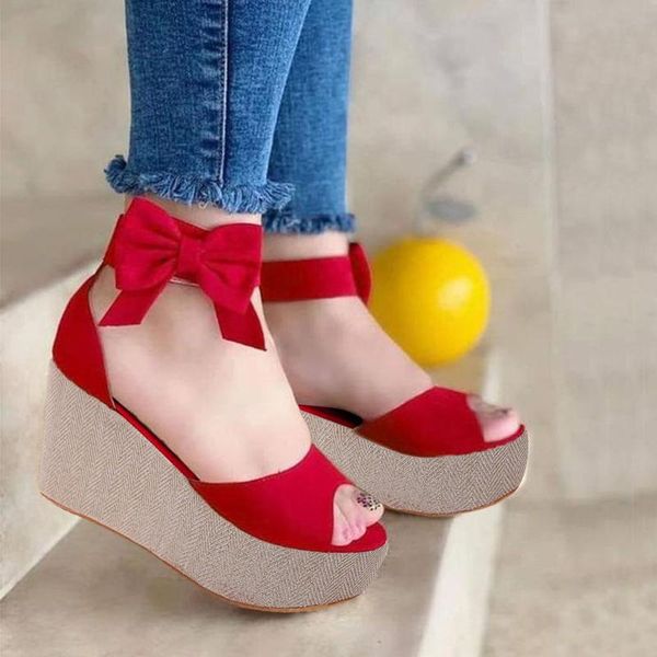 

sandals women fashion bowknot wedge heel trifle sole large size fish mouth ladies bohemia beach shoes, Black