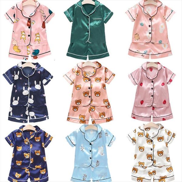 

casual sleepwear suit clothes silk kids baby girls pajamas set cute children clothing short sleeve for boys, White