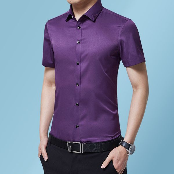 

purple shirt mens summer casual slim formal shirts men work business brand camisas solid short sleeve chemise homme 19+colors 210524, White;black