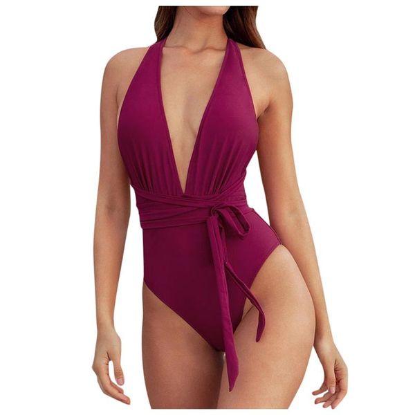 

summer deep v-neck women's hollow neckline solid color tie cross one piece swimsuit beachwear#30 swimwear, White;black