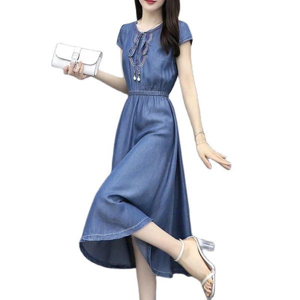 

casual dresses 2021 summer denim dress female temperament french cowboy vestidos ladies retro mid-length jeans a-line lace women352, Black;gray