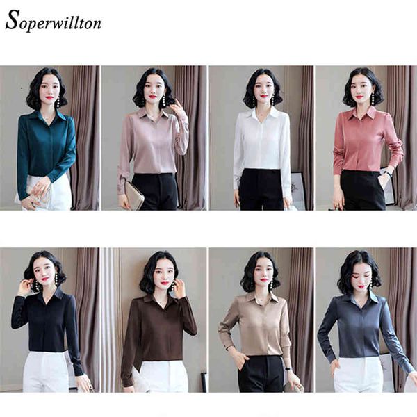 

Women's Blouses & Shirts Satin Elegant Autumn Long Sleeve Vintage Silk Ladies Tops workwear Fashion Blusas Button 3XL 8JXI, White