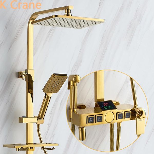 

digital gold shower set bathroom thermostatic led system cold mixer bath faucet smart luxury square head copper tap sets