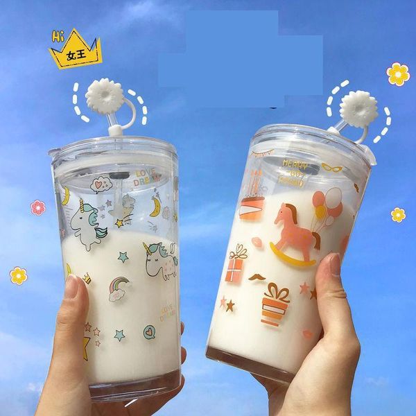 

450/550mlcute cartoon glass coffee mug with scale and lid household children breakfast milk straw cup portable outdoor water wine glasses