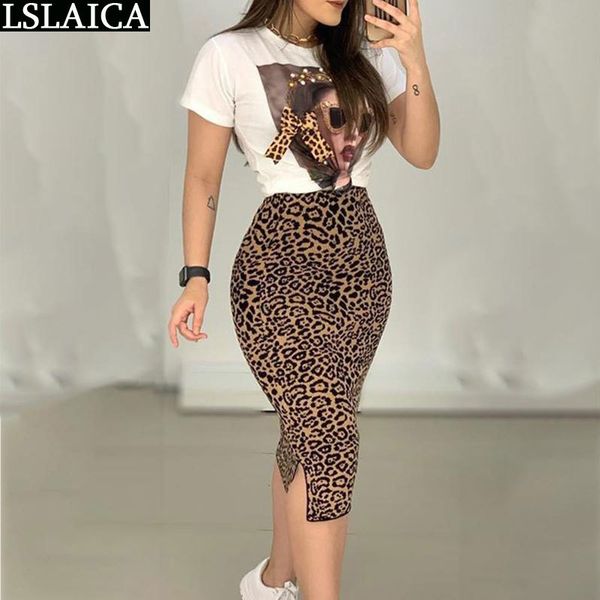 

two peice set for women casual o-neck t shirt& skirt fashion leopard print office elegance skinny ropa femenina 210520, White