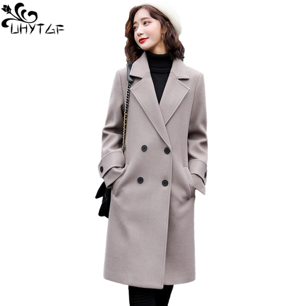 

women's wool & blends uhytgf plus size womens coat spring autumn woman jacket double breasted woolen long female outerwear chic overcoa, Black