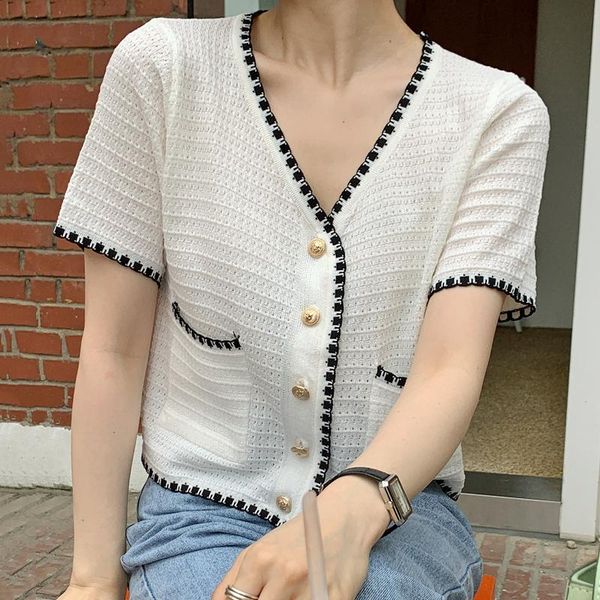 

women's knits & tees korea chic summer french style v-neck buttons heavy color contrast trim casual pocket knit sweater coat, White