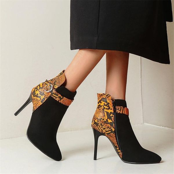 

boots pxelena plus size 35-45 women ankle stiletto high heels flock+snake print party nightclub shoes lady buckle zip 2021, Black