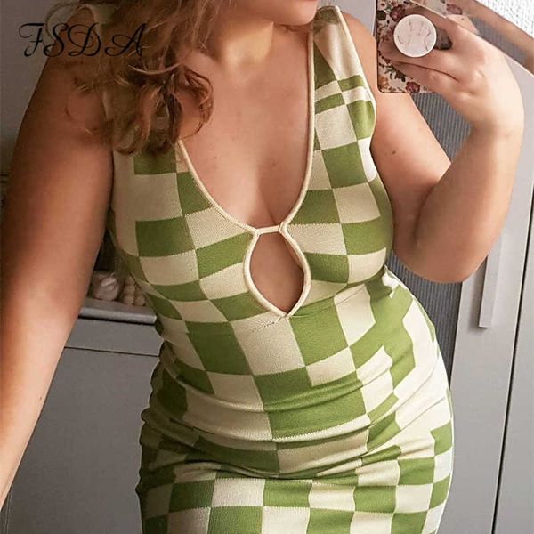 

fsda plaid 2021 summer y2k bodycon dress women midi knit sleeveless hollow out v neck casual green beach dresses y0603, Black;gray