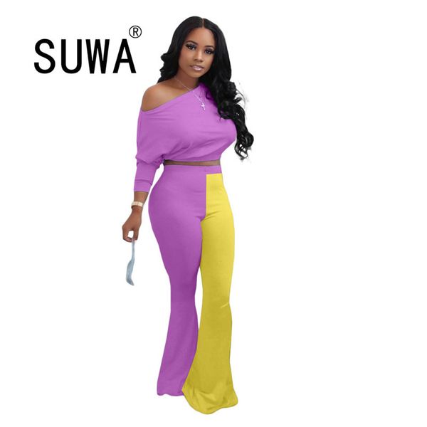 

contrast patchwork off shoulder long sleeve pullover wide leg pants trousers elegant work 2 pieces outfits for woman 210525, White