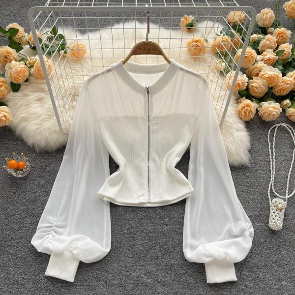 

women's blouses & shirts autumn women black/white chiffon patchwork blouse v-neck lantern long sleeve zipper female elegant short