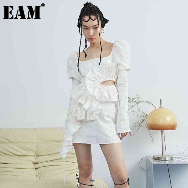 

[eam] women white hollow out ruffles backless dress square collar puff sleeve loose fit fashion spring summer 1dd7059 21512, Black;gray