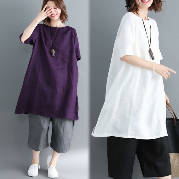 

white cotton linen womens and blouses plus size short sleeve on female tunic beach style thin summer long shirts blusas 210603
