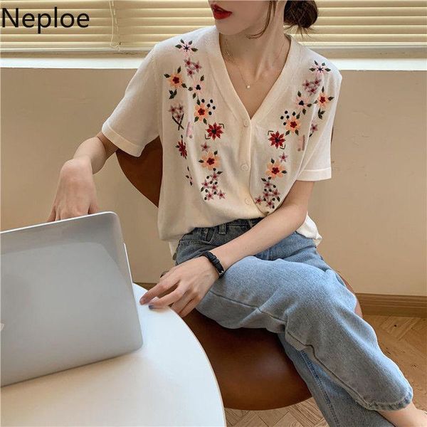

women's t-shirt neploe women graphic t shirts embroidery floral knit fashion korean woman clothes tshirt v neck summer t-shirts, White