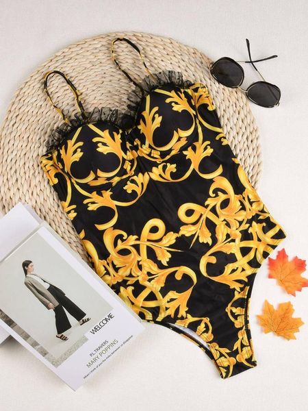 

women one piece swimwear swimsuit female golden print bodysuit sling bathing suit luxury bather beachwear one-piece suits
