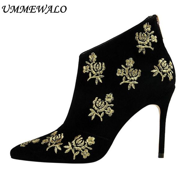 

boots ummewalo ankle length flock women fashion pointed toe high heel shoes winter embroider design ladies, Black