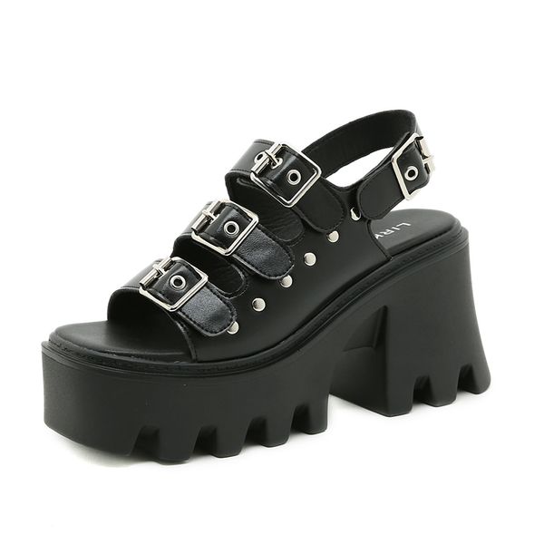 

2022 summer womens sandals 9cm platform shoes black leather ins buckle strap rivets baotou trekking punk flats patry 3116-3